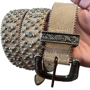 Guess Tan Leather Belt with Silver Tone Studs and Buckle